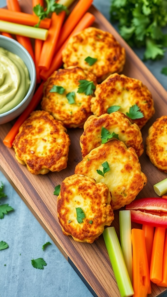 A colorful platter of gluten-free vegetable fritters and avocado dip with fresh veggies.
